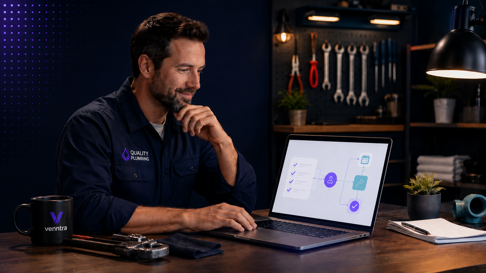 Small business owner reviewing automation workflows on a laptop